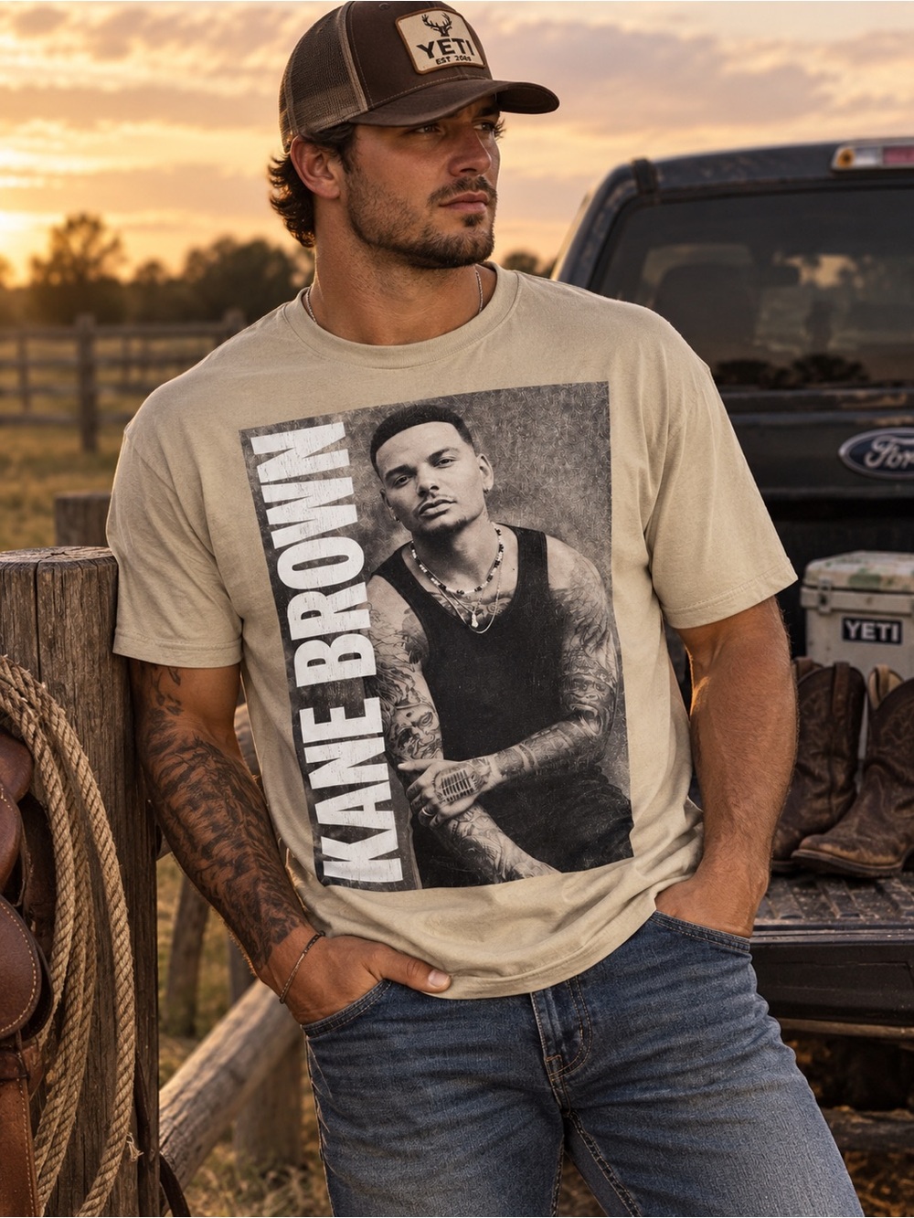 Beige Kane Brown Graphic Short Sleeve Tee for Men